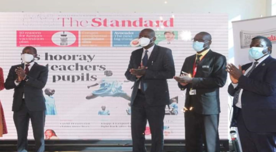 CS Joe Mucheru, GPF CEO Daniel Juma and Standard CEO Orlando Lyomu during the launch of the redesigned newspaper.